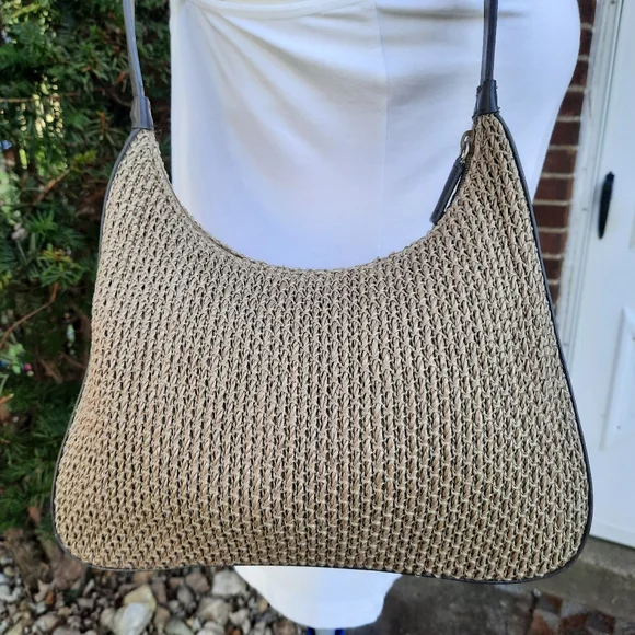 Vintage Y2K Nine West Woven Hobo Shoulder Bag Purse Taupe Retro Boho - Picture 5 of 12